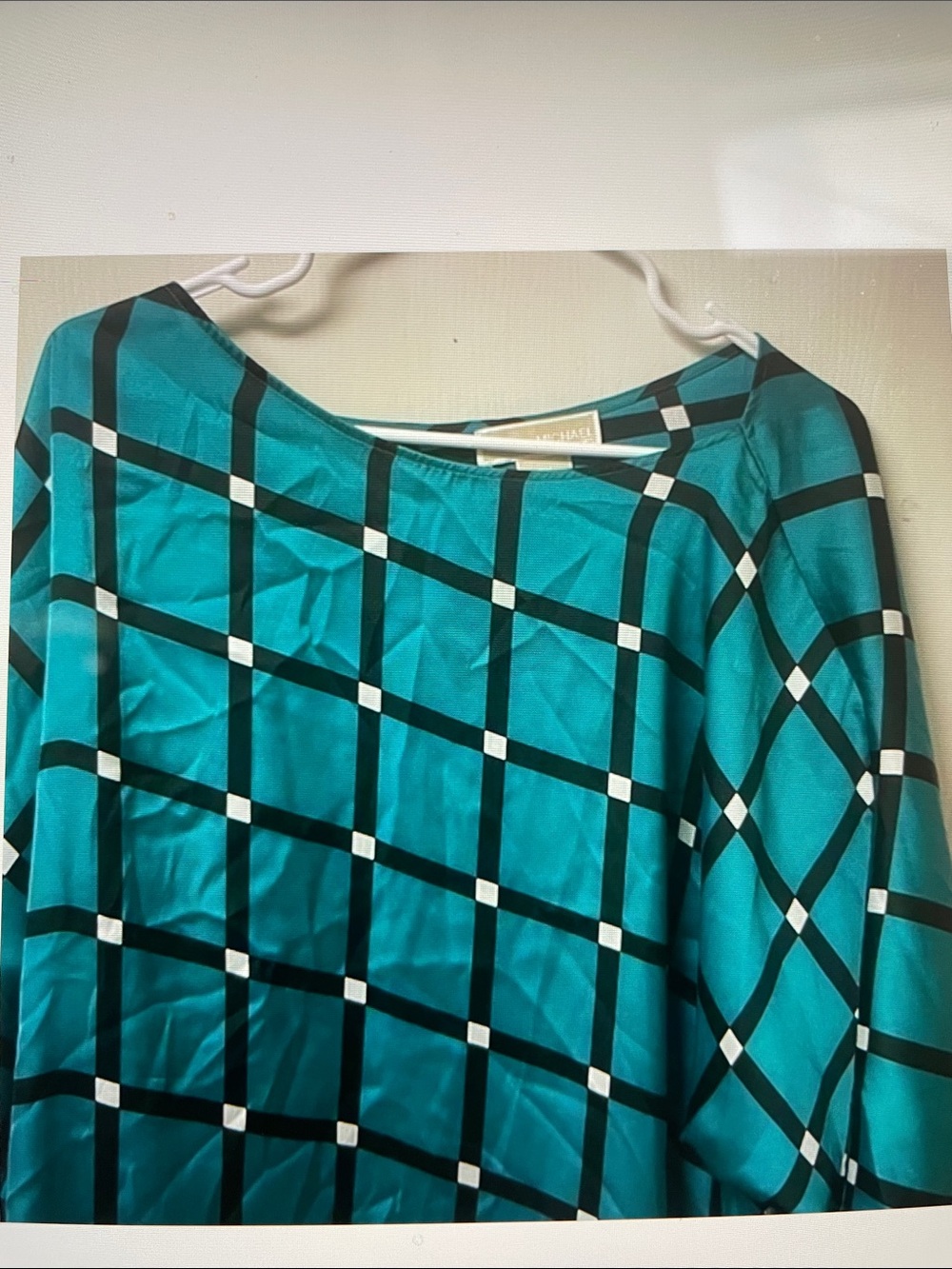Michael Kors Teal and Black Plaid Long Sleeve Blouse